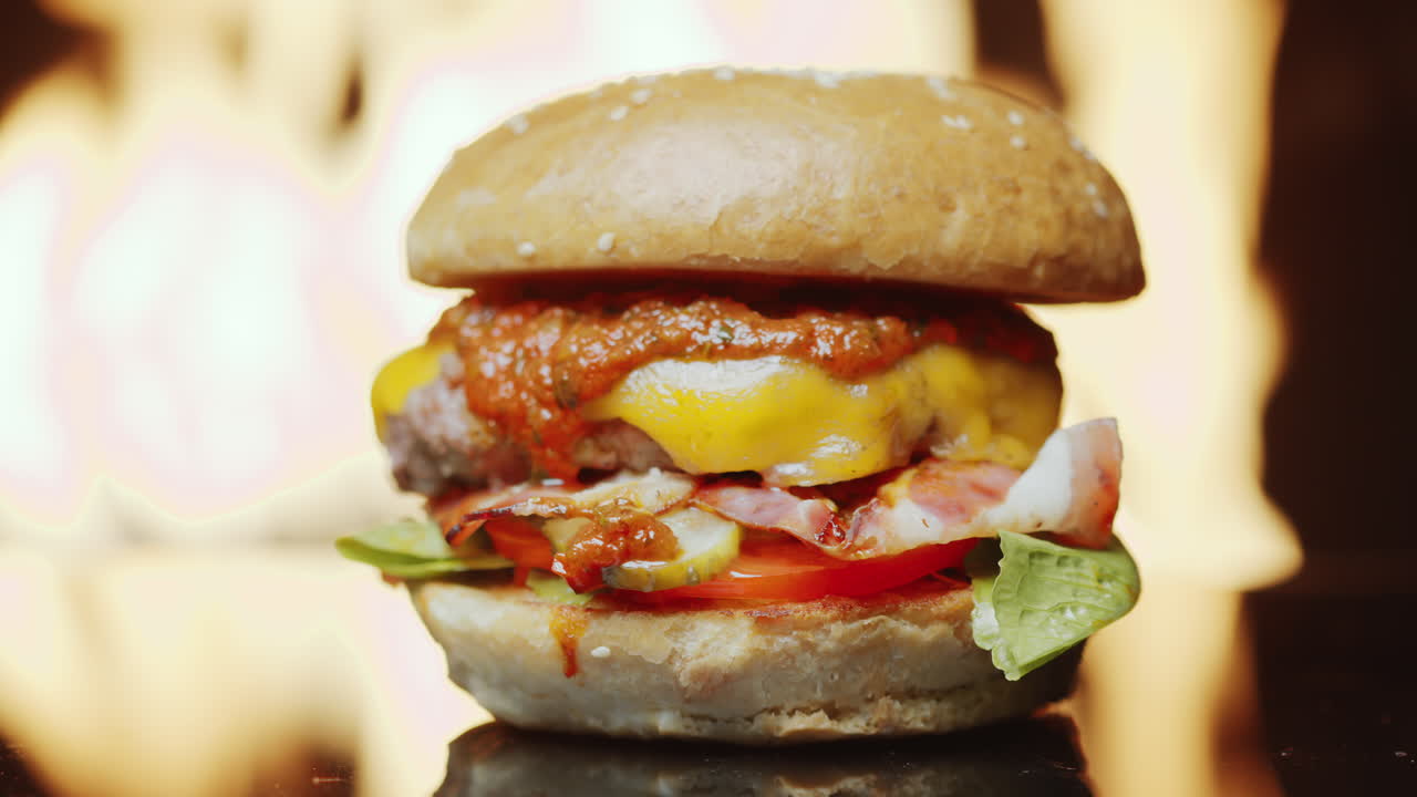 deliciosa hamburguesa con llamas de fuego en el fondo