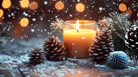a candle is lit in a glass jar with pine cones on a table. the scene is warm and cozy, with the candle providing a soft glow that illuminates the pine cones