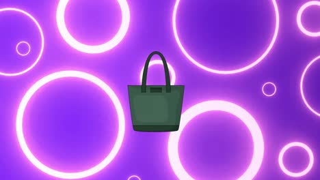 animation of green handbag over glowing circles on purple background