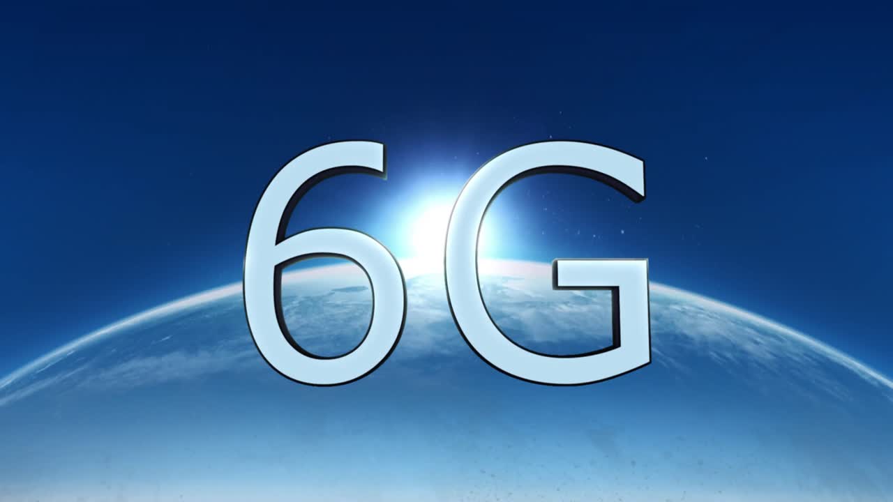 Animation of 6g text over globe on blue background