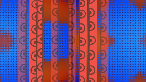 animation of orange patterned strips over grid of blue pixels changing size on orange background