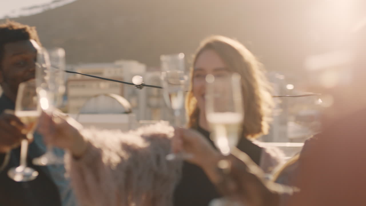 옥상 파티를 축하하는 행복한 친구들, 토스트를 만들고 술을 마시며 일몰 때 주말 사교 모임에서 다양한 동창회 축하 행사를 즐기며