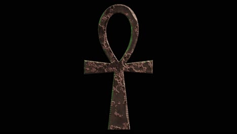 High-quality-dramatic-motion-graphic-of-the-egyptian-hieroglyphic-ankh-symbol,-rapidly-eroding-and-rusting-and-decaying,-on-a-plain-black-background