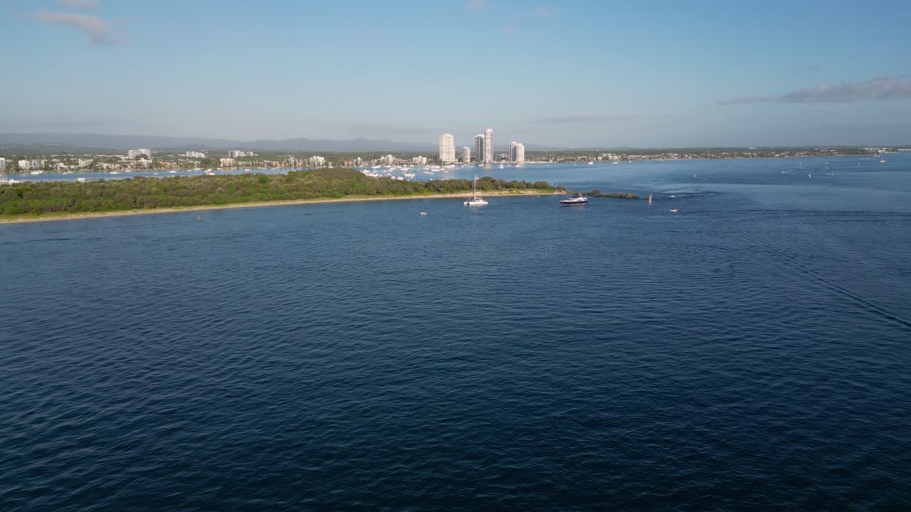 Aerial views of Wavebreak Island and the Broadwater on the Northern end of the Gold Coast, Australia