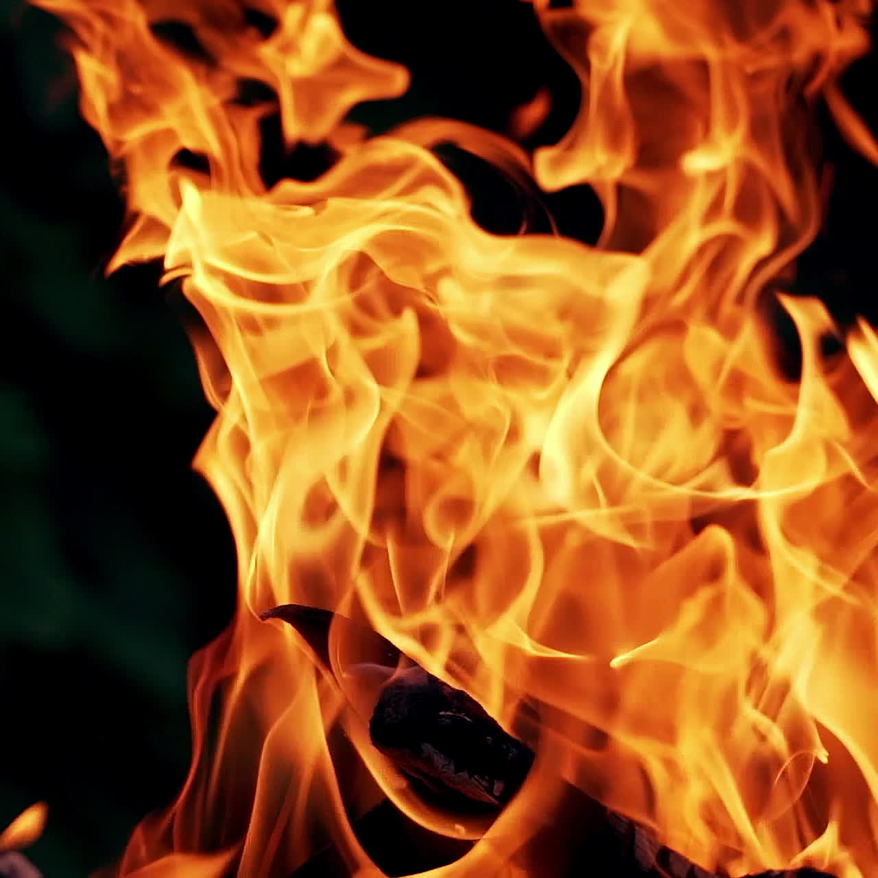 Bright flame with orange and red colors in the darkness. Vivid fire sparkles at night outdoors. Close-up.