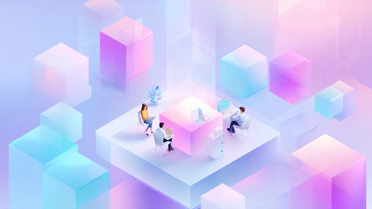 A Modern Workspace Scene with People Collaborating Around a Central Table Dressed in Soft Pastel Colors and Abstract Cube Structures, Emphasizing Innovation and Technology in a Digital Environment