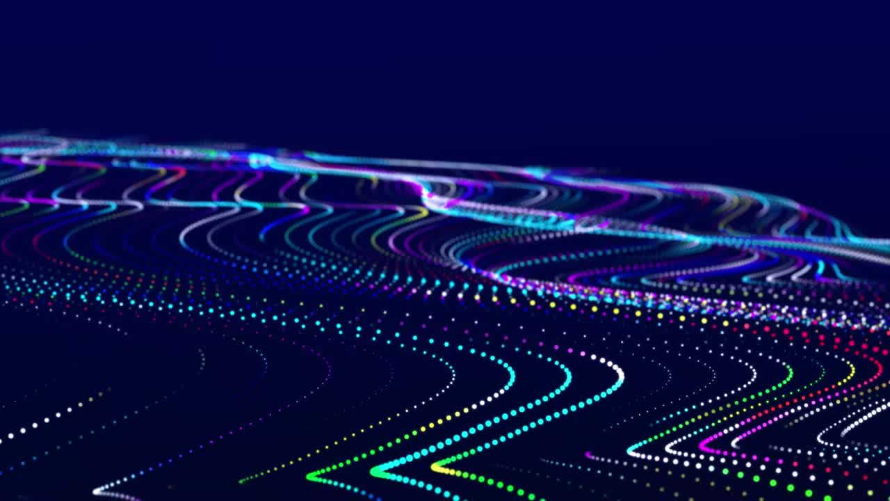Abstract flow of luminous particles on dark background. Movement of colored dots. Big data visualization. 3D rendering. Seamless loop. 4k