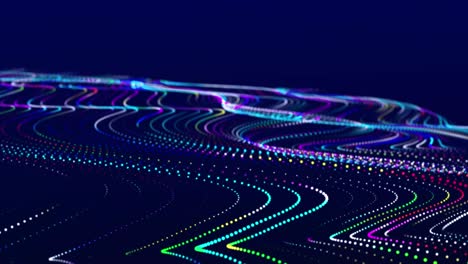 abstract flow of luminous particles on dark background. movement of colored dots. big data visualization. 3d rendering. seamless loop. 4k