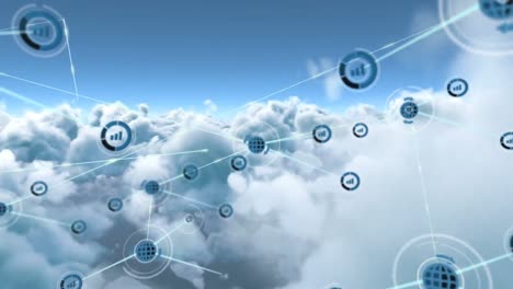 Animation-of-network-of-connections-with-icons-over-sky-with-clouds