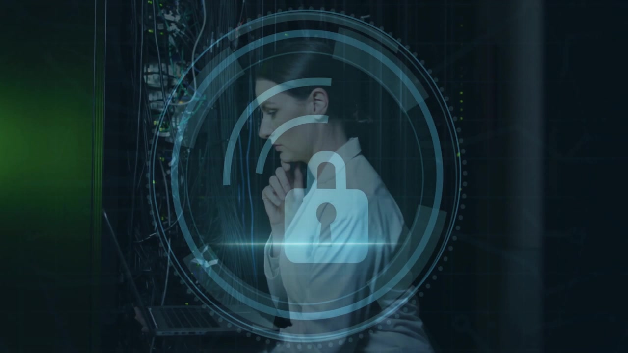 Lock icon and security animation over woman working in server room