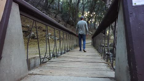 man hiking across a bridge and pauses to take in the view