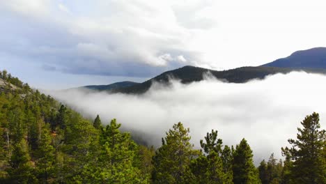 baixo nevoeiro e nuvens em encosta de florestas alpinas de montanhas rochosas