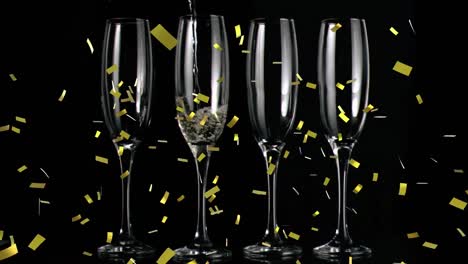 Animation-of-champagne-glasses-and-champagne-pouring,-with-gold-confetti-falling-on-black-background