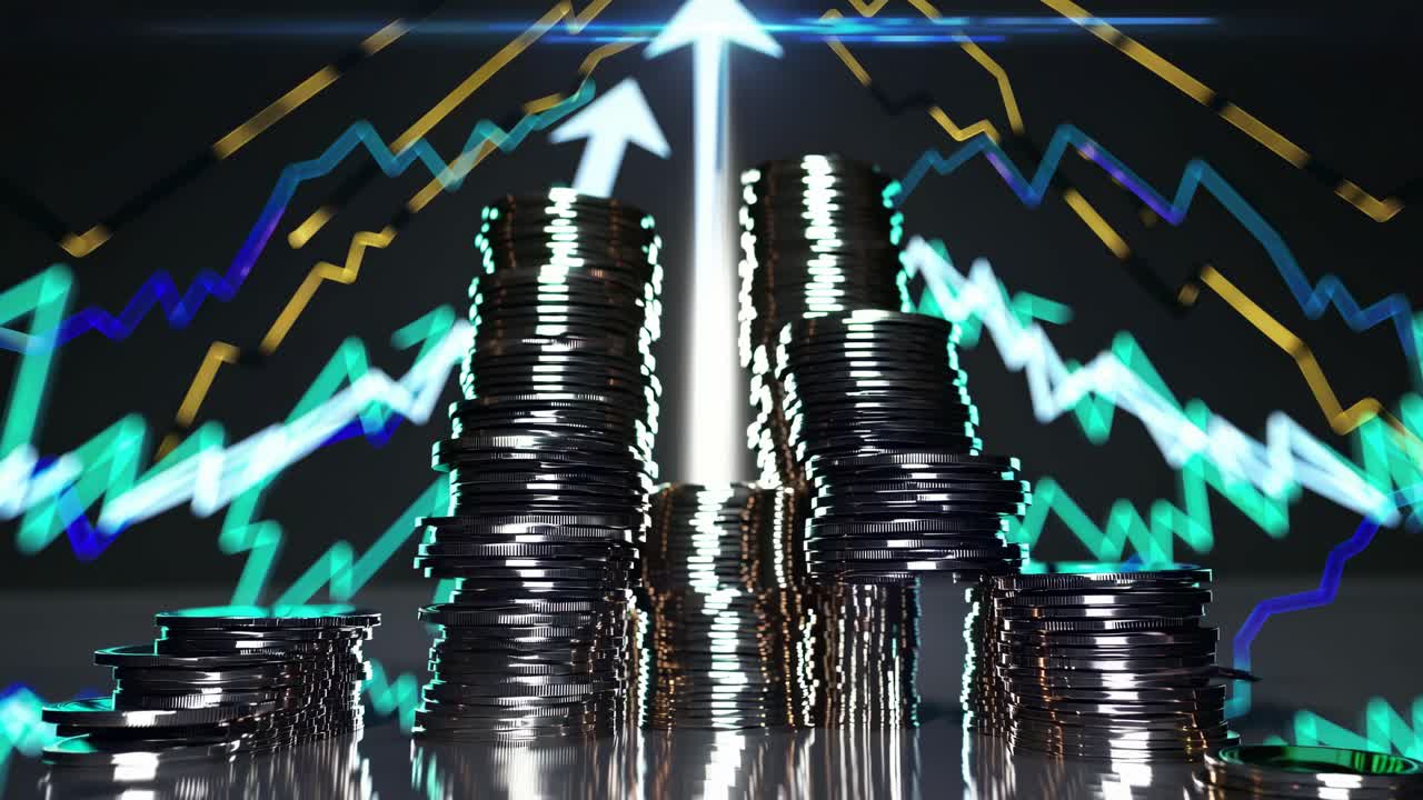 Dynamisk videokoncept af økonomisk vækst med low-engel-visning af stablede mønter mod en baggrund