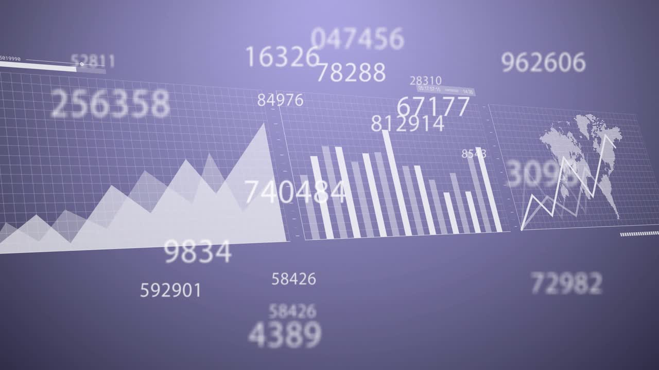 Visualizzazione dati animata che risponde a un feed in arrivo, allineando grafici e etichettando numeri per la finanza.