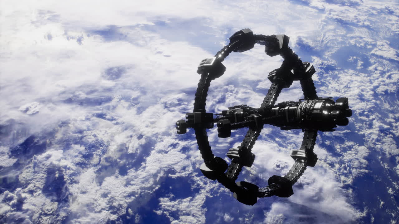 Space station orbits earth surrounded by clouds during daylight