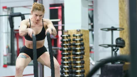 attractive young fit sportswoman working out in functional training gym doing exercise with battle ropes. slow motion