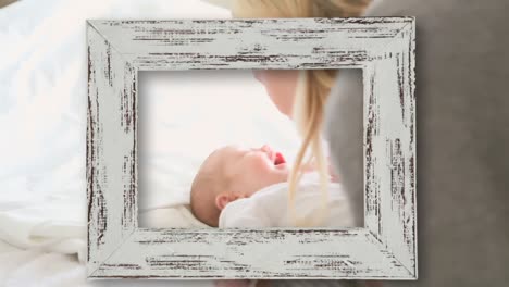 animation of frame over caucasian mother talking to baby