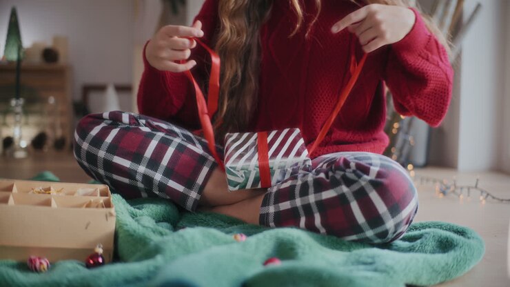 Donna che apre il nastro su un regalo di Natale impacchettato a casa