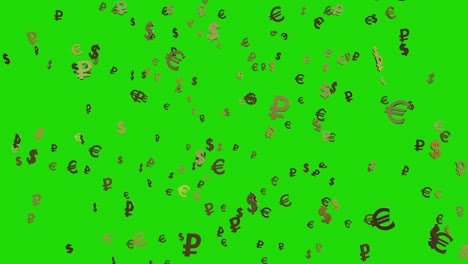 golden dollar, rouble and euro symbols falling on the green screen. 4k