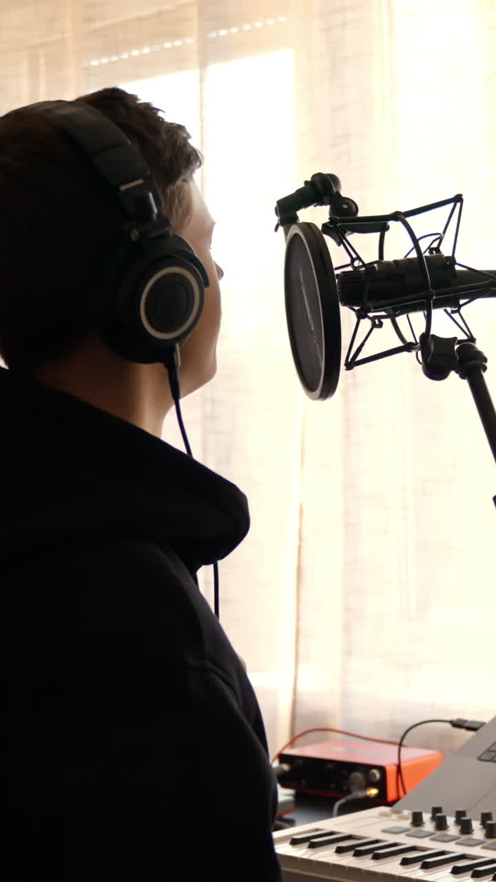 Young man in headphones singing into a condenser microphone with pop filter in a home studio, recording vocals for music production, focused on capturing his performance, vertical backlight shot
