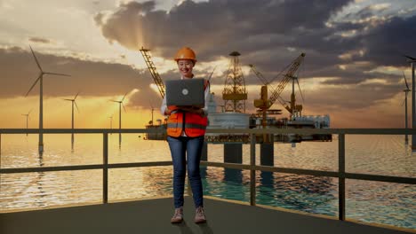 full body of asian female engineer with safety helmet working on a laptop while standing with hydrogen production
