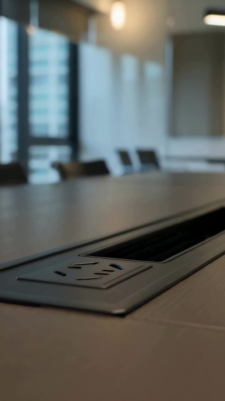 Vertical video: Pulling back camera revealing tabletop power inset for inspection in meeting room