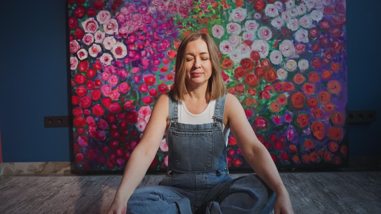 Artista donna che medita davanti a un vivace dipinto floreale