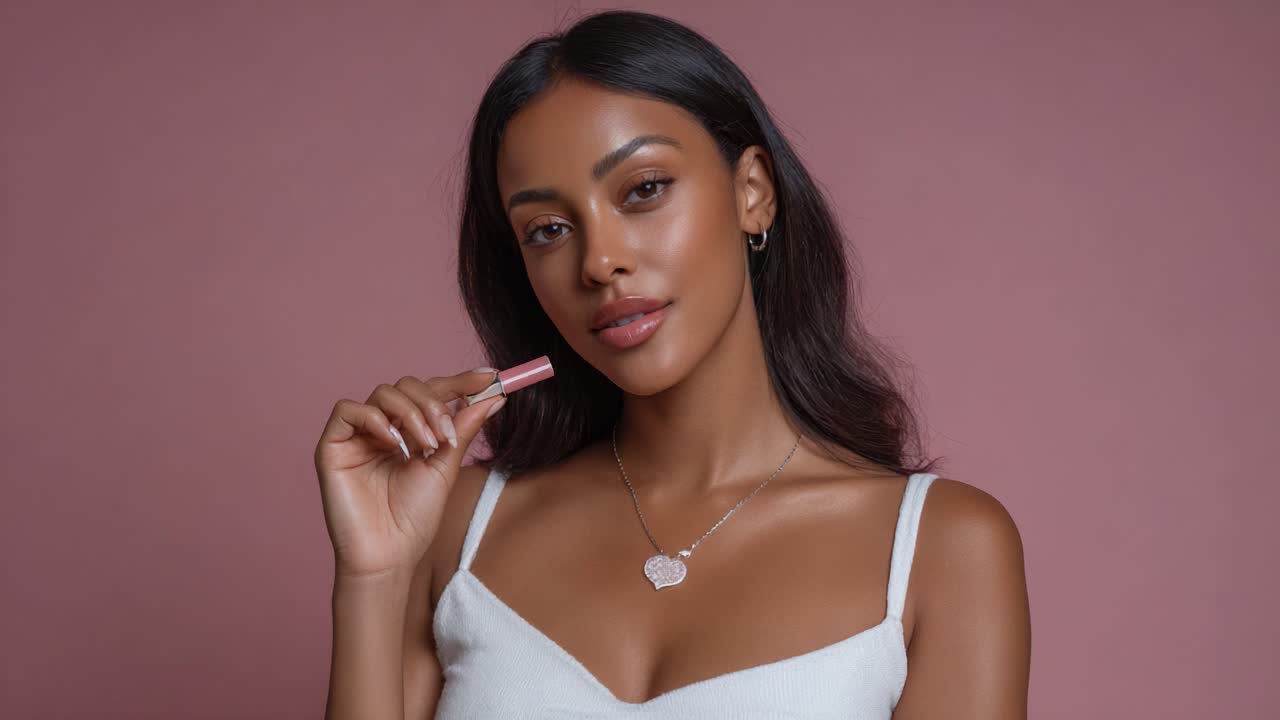 Elegant Beauty: A Captivating Portrait of a Confident Woman Showcasing a Lip Product Against a Soft Pink Background, Exuding Charm and Grace