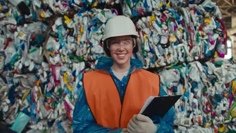 Close-up-portrait-of-a-brunette-girl-in-a-blue-protective-uniform-and-an-orange-vest-standing-against-the-backdrop-of-a-huge-pile-of-recycled-garbage-at-a-waste-recycling-plant