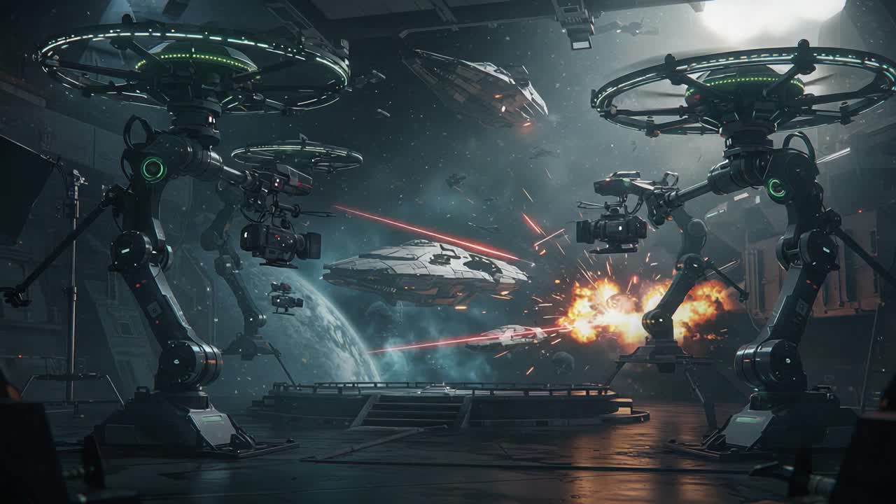 Futuristic Space Battle: Advanced Robotics and Starships Engage in an Epic Clash Amidst Cosmic Explosions and Stellar Landscapes in a High-Tech Surrounding