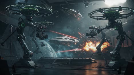 futuristic space battle: advanced robotics and starships engage in an epic clash amidst cosmic explosions and stellar landscapes in a high-tech surrounding