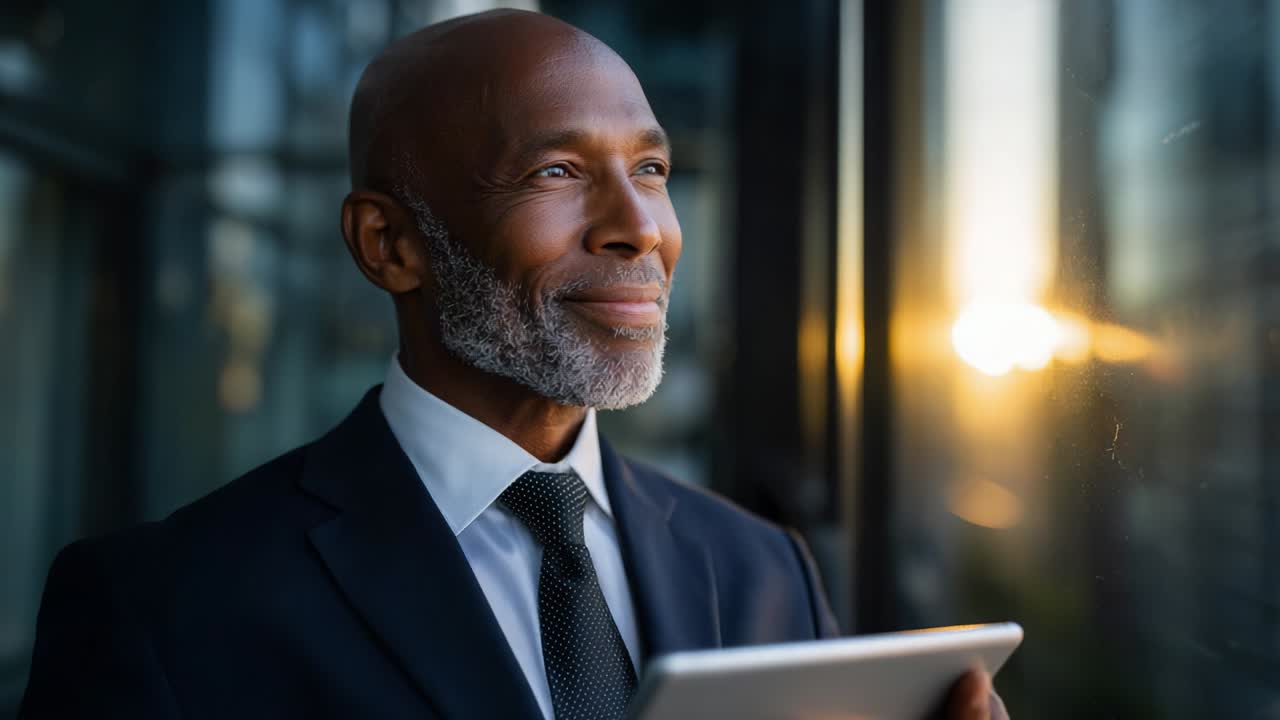 A distinguished man in formal attire stands by a window, holding a tablet while gazing thoughtfully into the distance, illuminated by the warm glow of sunset, conveying a sense of reflection and contemplation