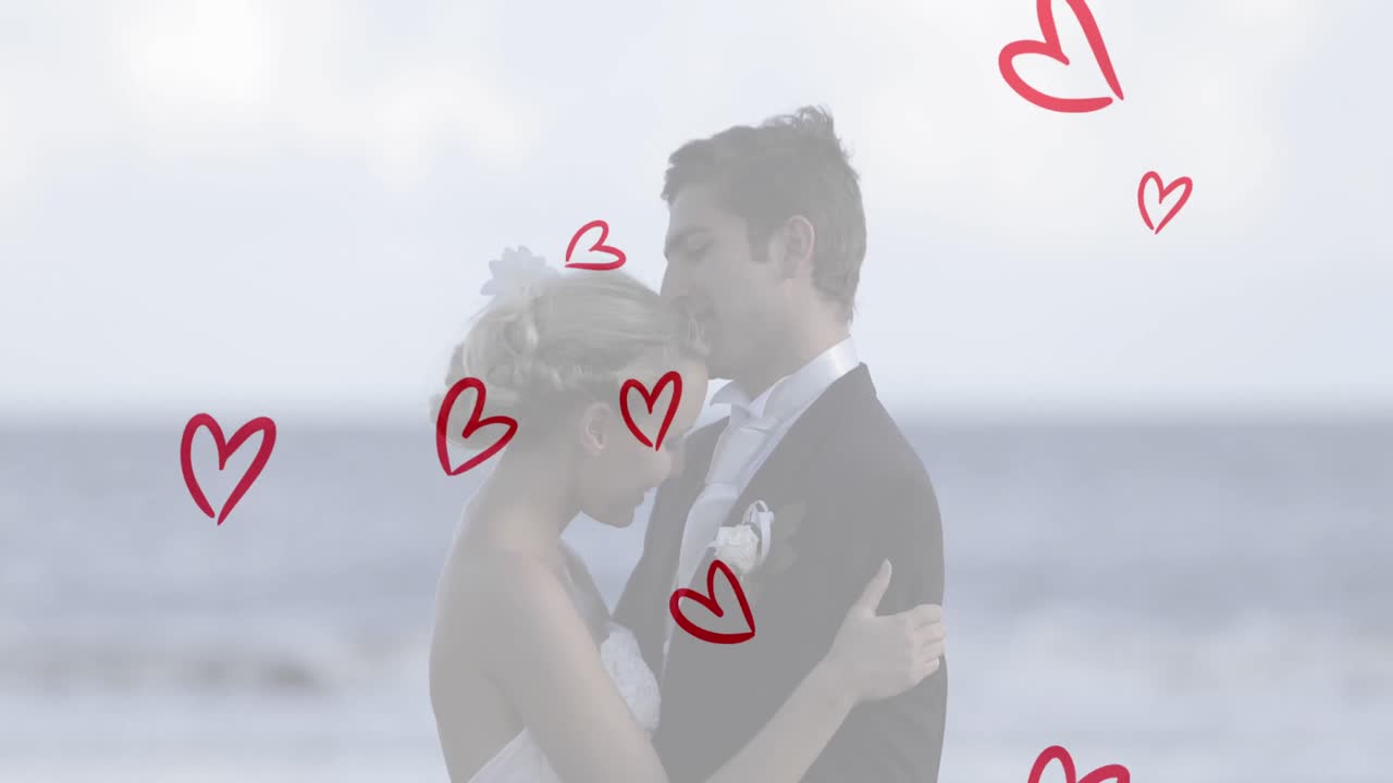 웨딩 옷을 입고 얘기하는 백인 부부 위의  ⁇ 은 마음의 애니메이션