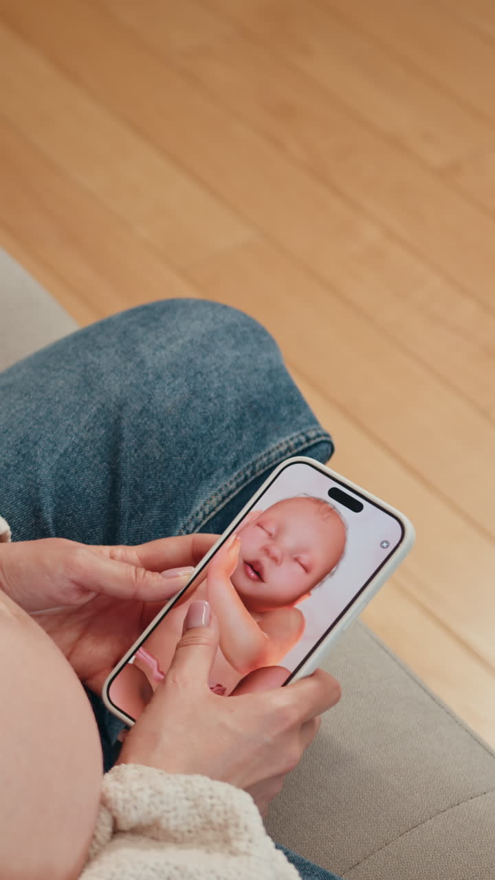 木製のソファに座っている生まれたばかりの赤ちゃんの画像を表示するスマートフォンを持っている妊娠中の女性
