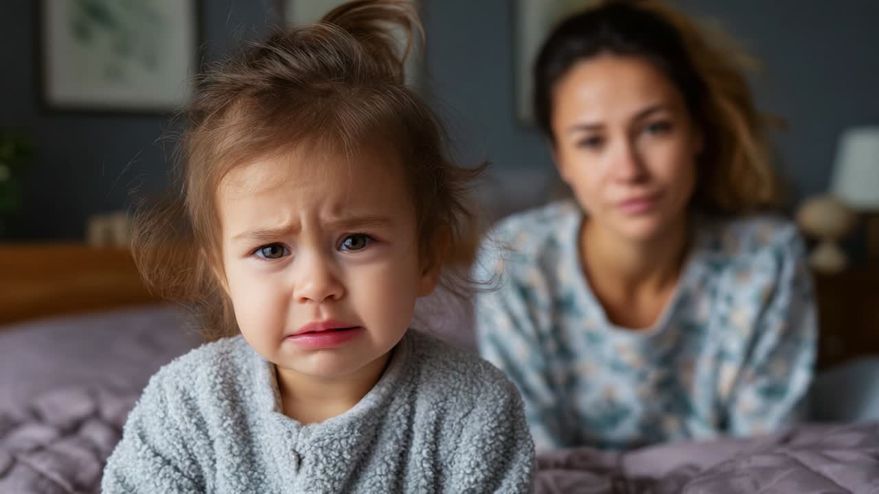 A Heartfelt Moment: A Close-Up of a Toddler's Sadness Captured with a Mother's Concern in the Background, Illustrating the Tender Dynamics of Family Emotion and Affection During a Quiet Morning