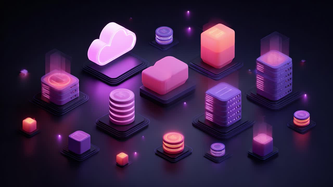 Una Collezione Vibrante di Icone 3D di Cloud e Archiviazione Dati Rappresentante la Tecnologia Moderna e l'Infrastruttura Digitale in un'Elegante Ambientazione Scura