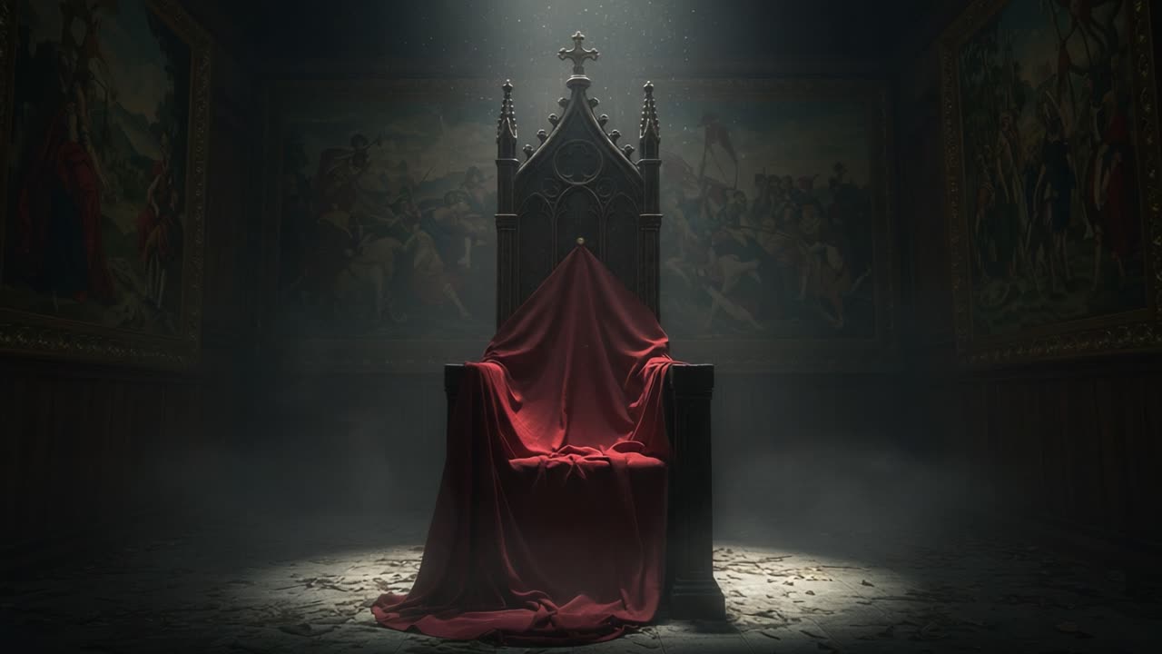 An Enigmatic Throne Awaits: A Mysterious and Majestic Chair Shrouded in Red Fabric, Set Against a Dimly Lit Background Adorned with Historical Murals and Atmosphere