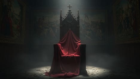 an enigmatic throne awaits: a mysterious and majestic chair shrouded in red fabric, set against a dimly lit background adorned with historical murals and atmosphere