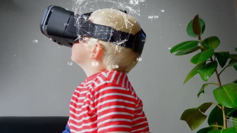 animation of shape with numbers over caucasian child using vr headset