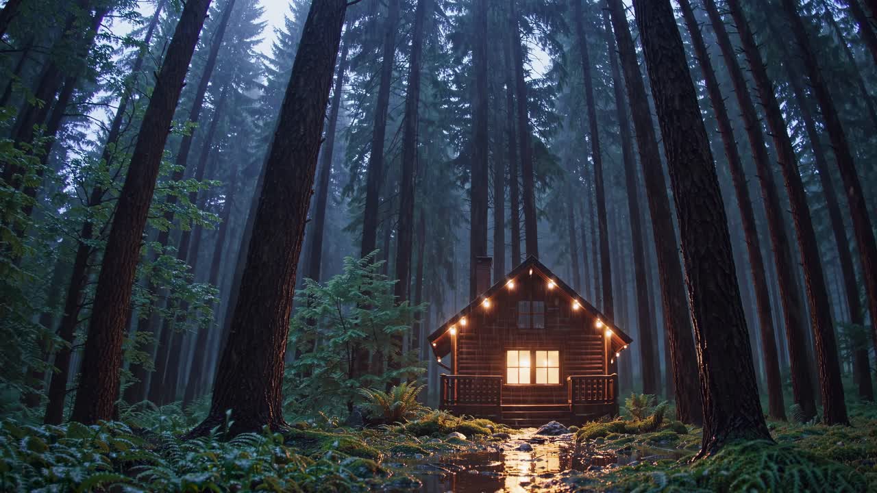 A cozy cabin in a misty forest, captured at eye level
