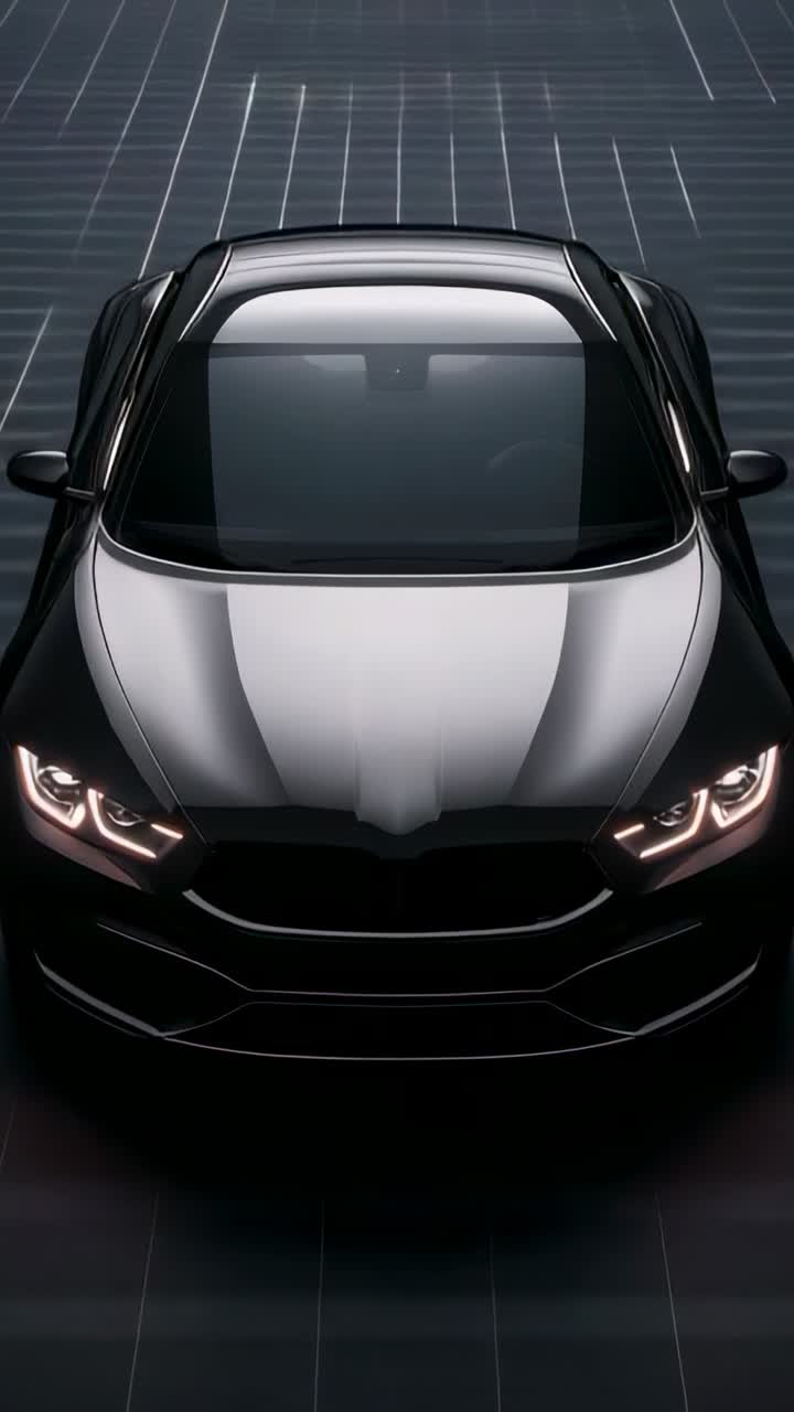 Vertical video: LED headlights lighting, camera spinning around sedan on grid floor in studio