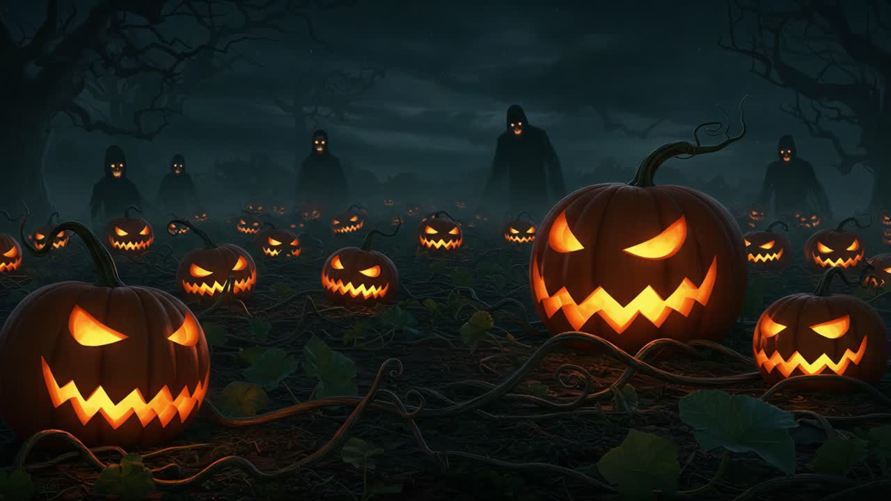 A Spooky Night in the Pumpkin Patch: Eerie Figures Looming Over Grinning Jack-o'-Lanterns, Casting Ominous Shadows Under a Haunting Moonlit Sky