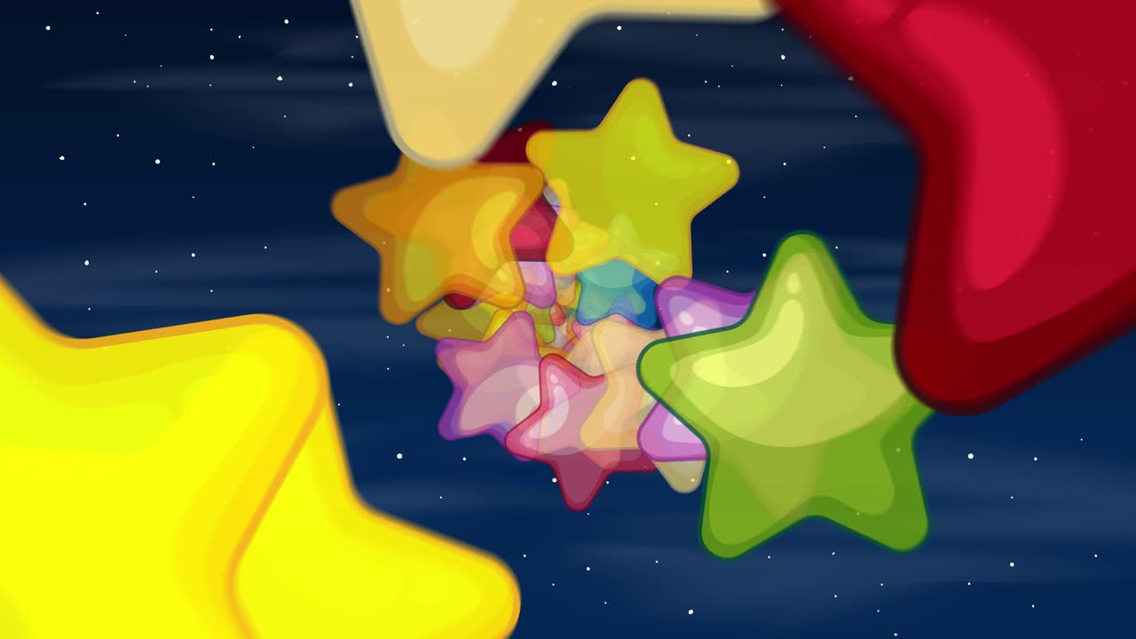 Estrelas de desenho animado vívidas e brilhantes em várias cores giram horizontalmente em um fundo escuro e estrelado. Movimento suave e dinâmico cria um clima divertido e energético com transições perfeitas