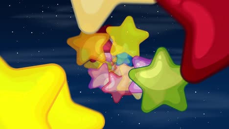 vivid, glossy cartoon stars in various colors swirl horizontally across a dark, starry background. smooth, dynamic movement creates a playful, energetic mood with seamless transitions