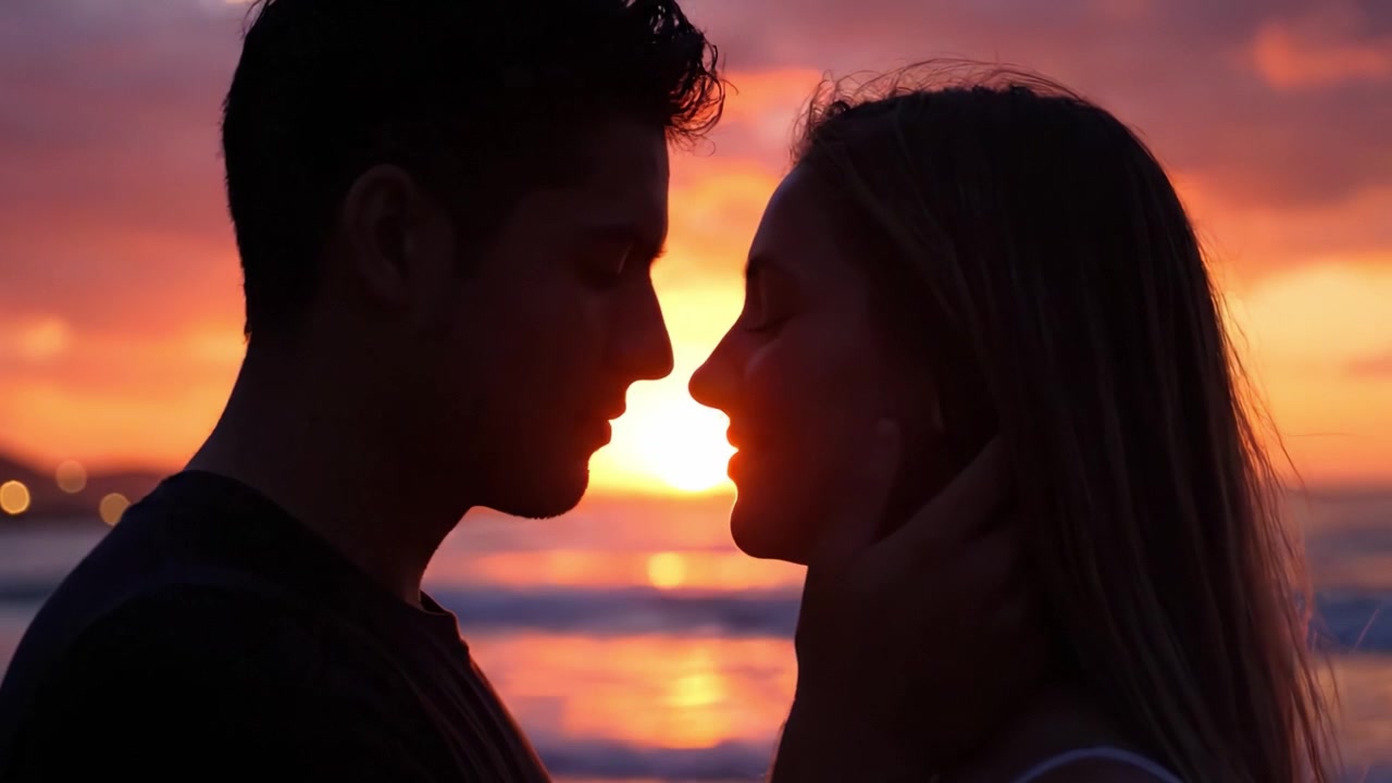 A Romantic Sunset Embrace: Capturing the Intimacy Between Two Lovers as They Share a Special Moment on the Beach at Dusk, Surrounded by Beautiful Colors