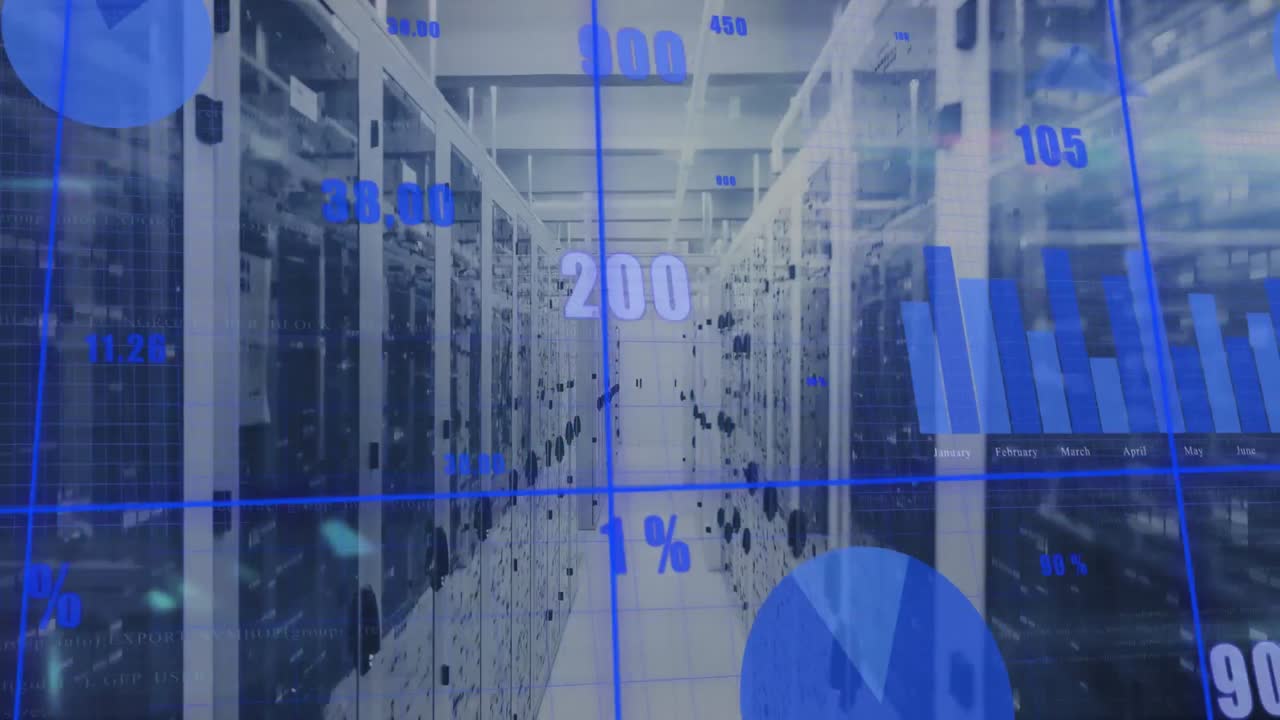 animación del procesamiento de datos estadísticos a través de la red de red contra la sala de servidores informáticos