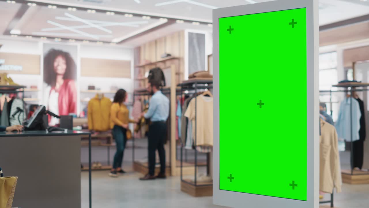 Customer Using Floor-Standing LCD Touch Display with Green Screen Chroma Key Mock Up while Shopping in Clothing Store. She is Checking for Information, Looking at a Floor Plan, Choosing Items Online.