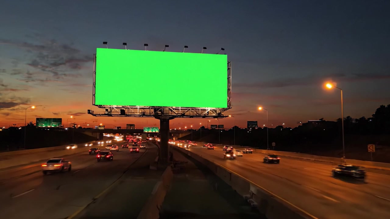 Una Transición de Noche a Día de una Valla Publicitaria Verde en una Autopista Concurrida, Capturando el Flujo de Tráfico Dinámico Contra Cielos Impresionantes