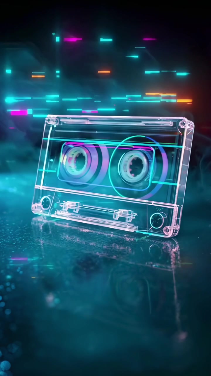 Cassetta a nastro trasparente con effetti glitch al neon
